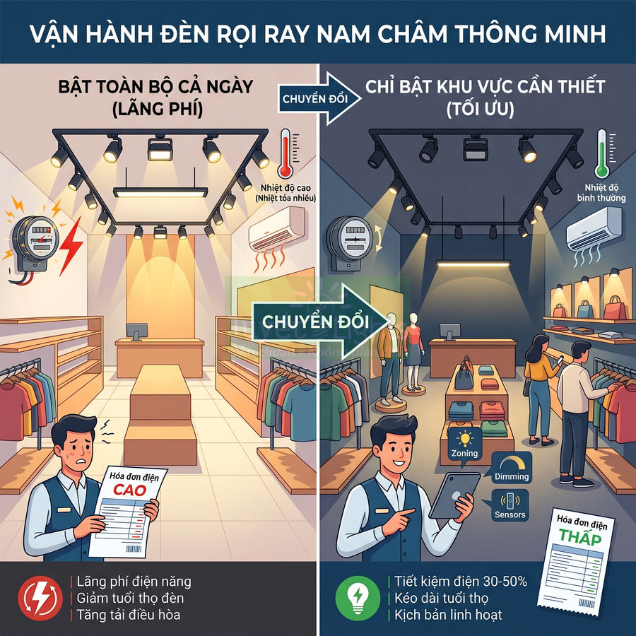 So sánh cửa hàng dùng đèn rọi ray nam châm thông minh tiết kiệm điện với cách bật toàn bộ đèn truyền thống