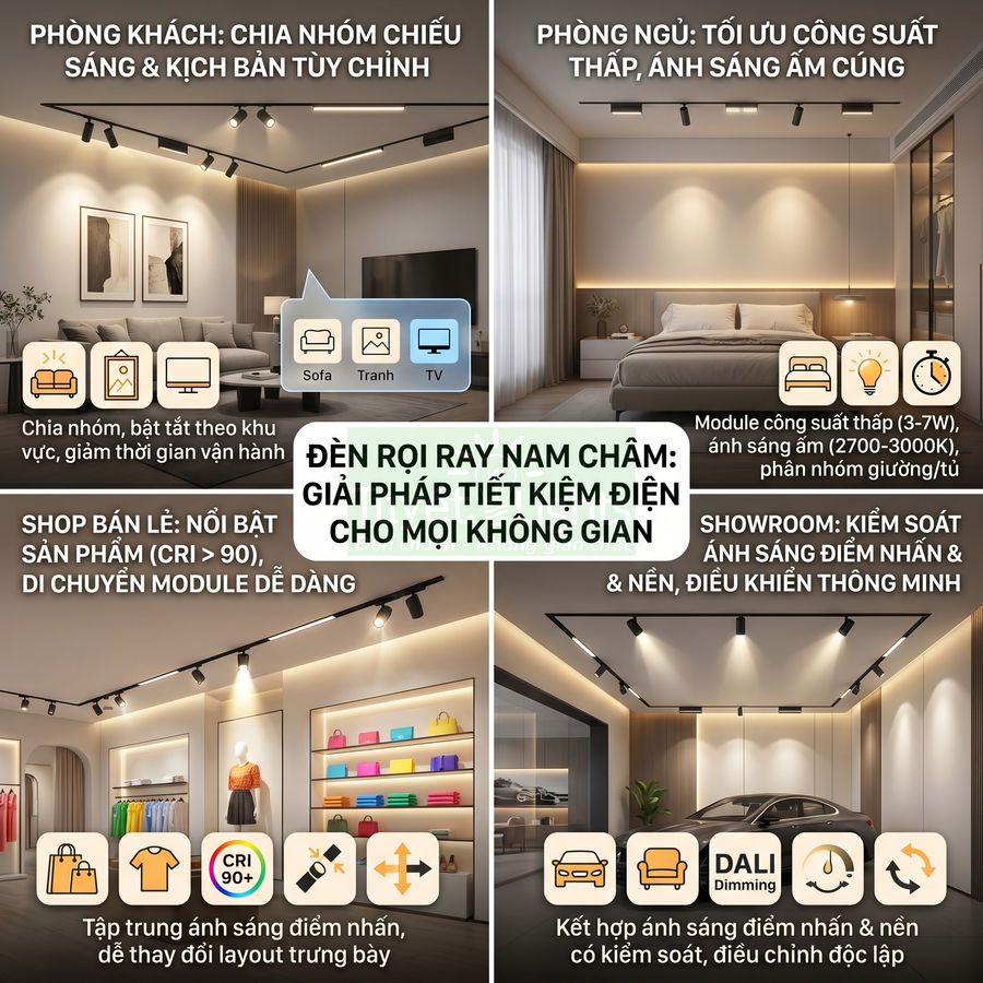 Đèn rọi ray nam châm chiếu sáng phòng khách, phòng ngủ, shop bán lẻ và showroom ô tô, giải pháp tiết kiệm điện linh hoạt