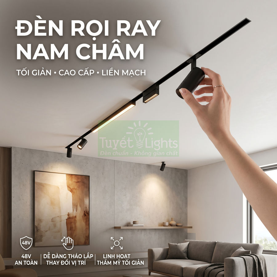 Đèn rọi ray nam châm Tuyết Lights lắp trên trần phòng khách hiện đại, dễ dàng thay đổi vị trí chiếu sáng