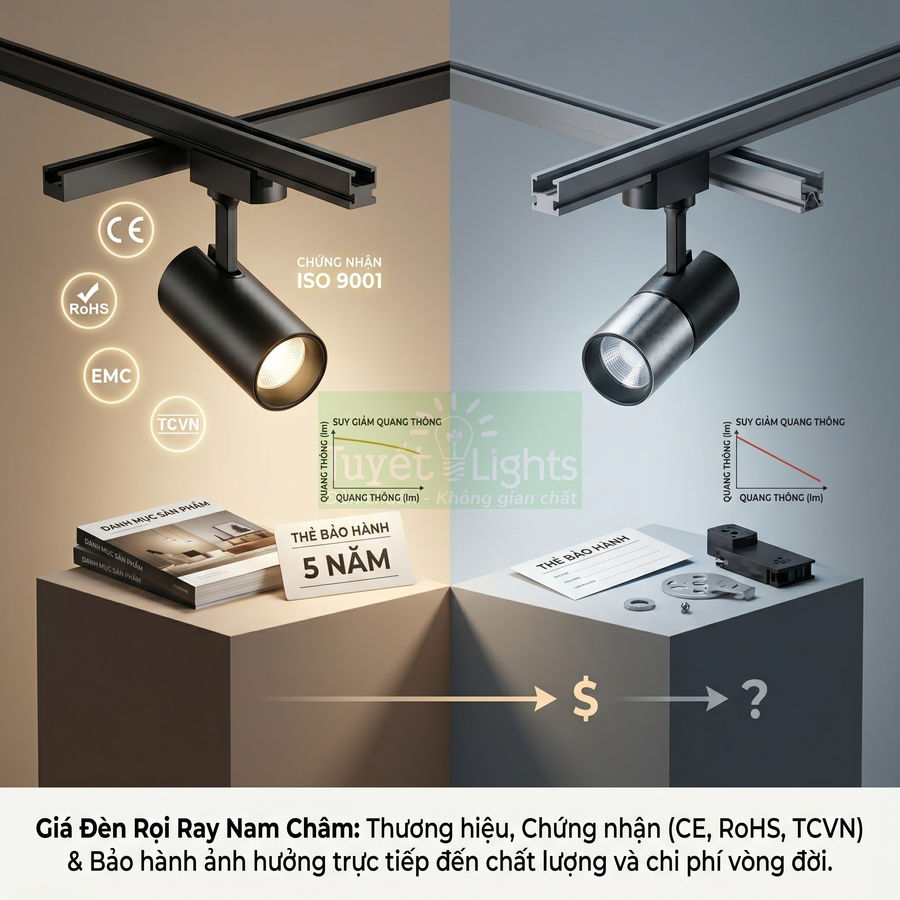 Đèn rọi ray nam châm Tuyết Lights màu đen, chứng nhận CE RoHS TCVN, bảo hành 5 năm, chiếu sáng trưng bày