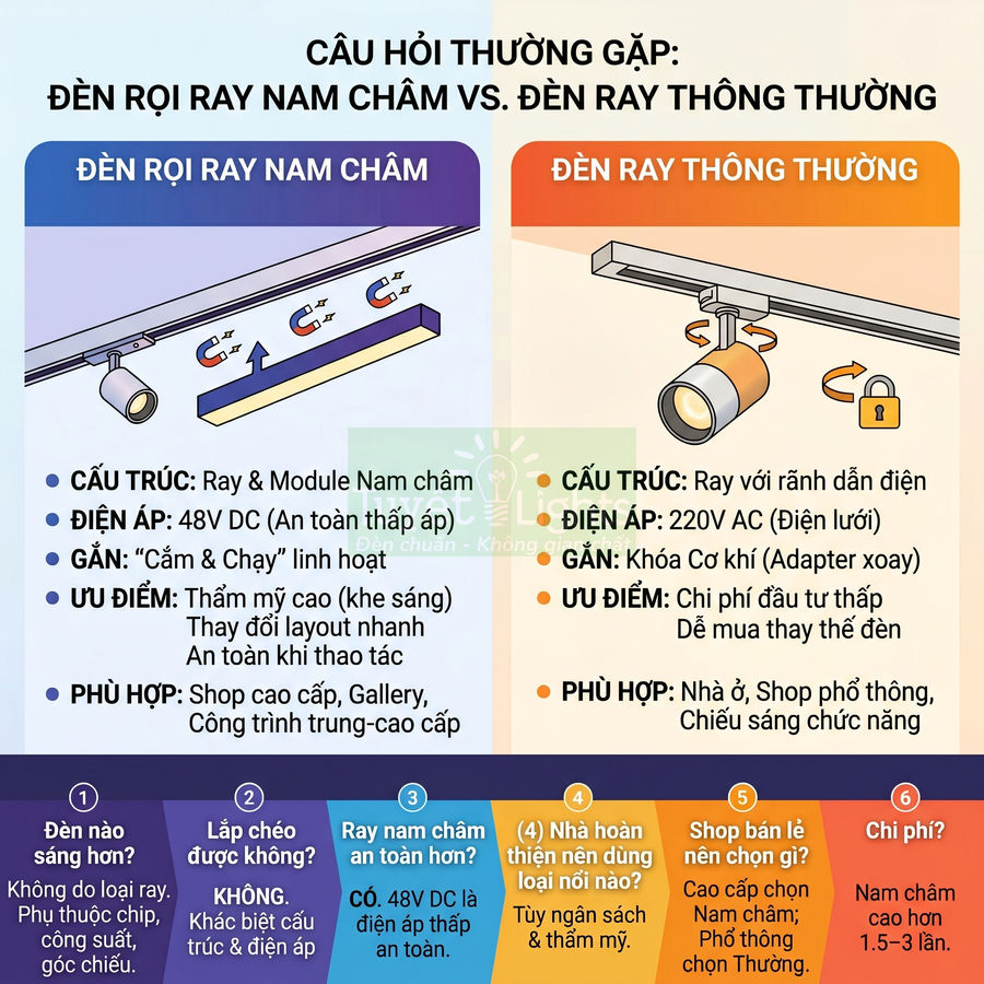 So sánh ưu nhược điểm đèn rọi ray nam châm và đèn ray thông thường cho shop và nhà ở