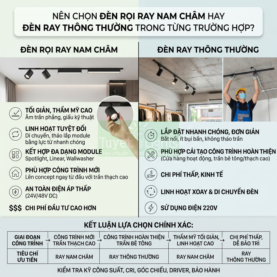 So sánh ưu nhược điểm đèn rọi ray nam châm và đèn ray thông thường cho trần nhà và cửa hàng