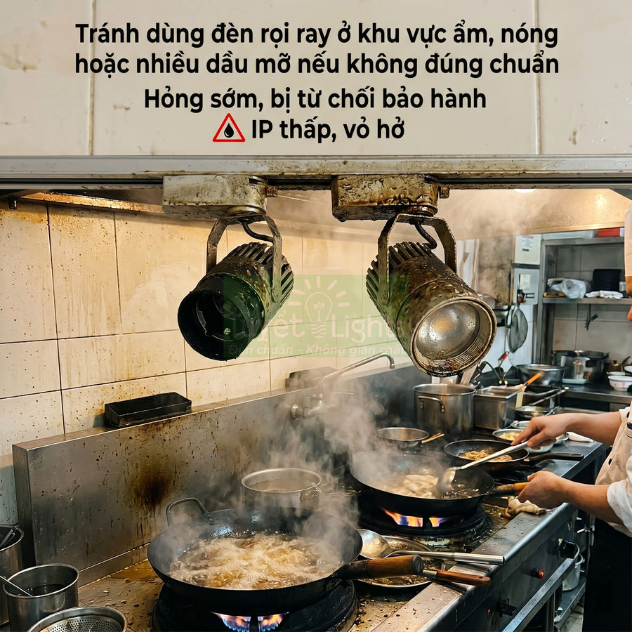 Đèn rọi ray lắp trên bếp công nghiệp nhiều dầu mỡ, hơi nước, cảnh báo không dùng ở khu vực ẩm nóng
