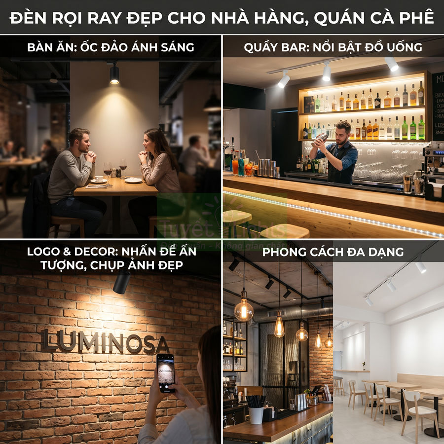 Đèn rọi ray trang trí nhà hàng quán cà phê, chiếu sáng bàn ăn, quầy bar, logo và không gian nội thất đa dạng