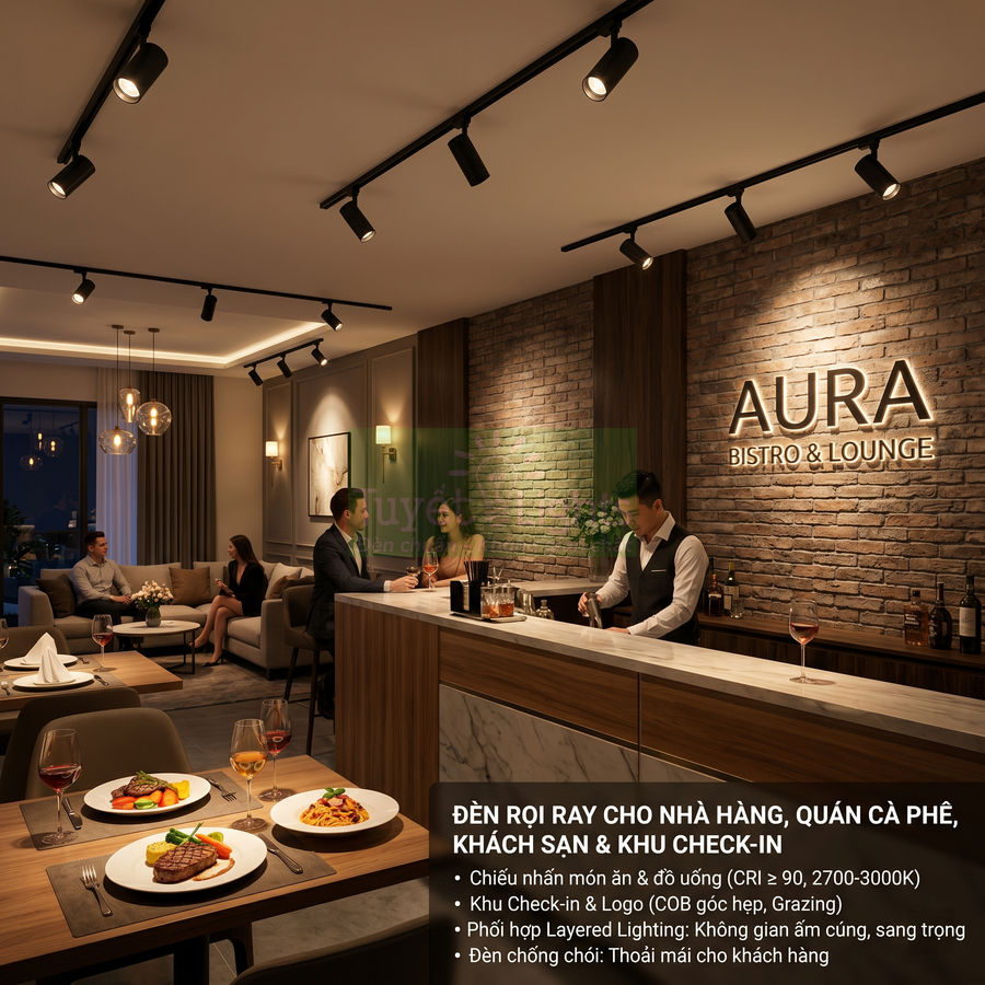 Đèn rọi ray chiếu sáng quầy bar và bàn ăn trong nhà hàng Aura Bistro & Lounge sang trọng