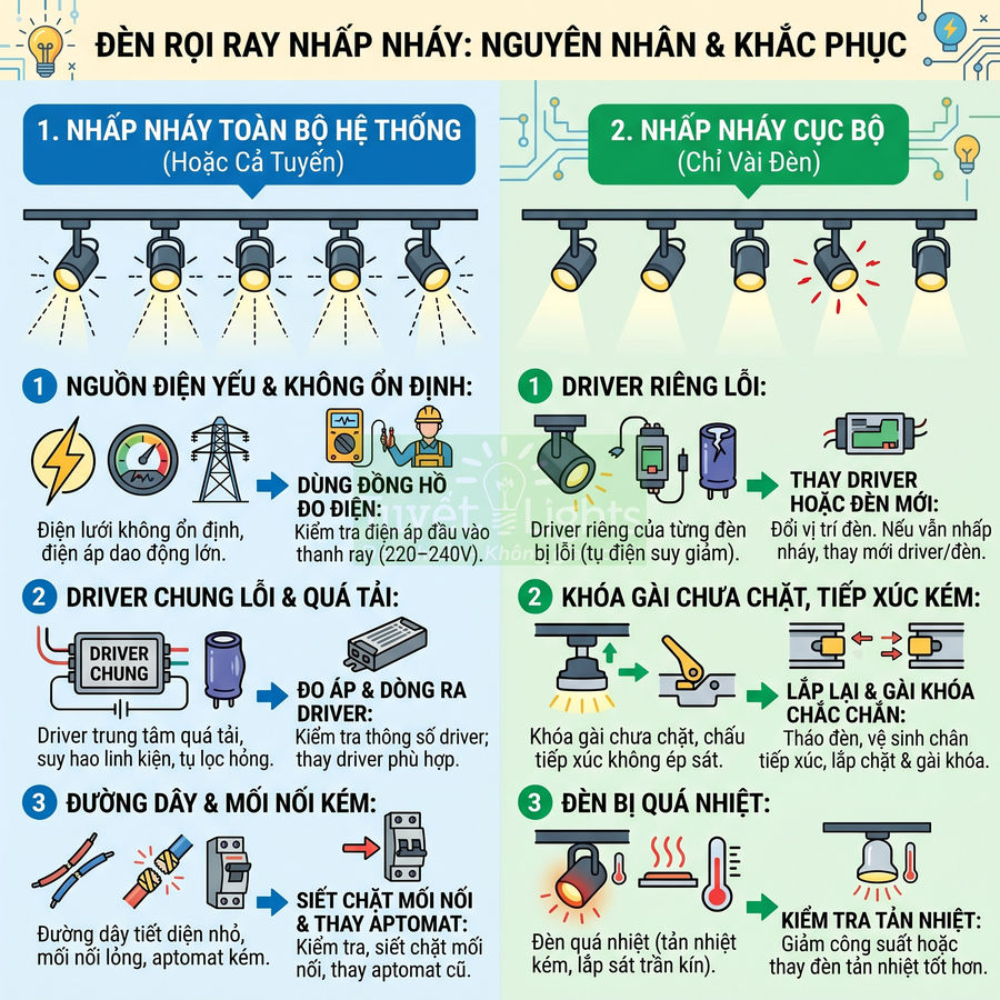 Hướng dẫn nguyên nhân và cách khắc phục đèn rọi ray bị nhấp nháy trong hệ thống chiếu sáng