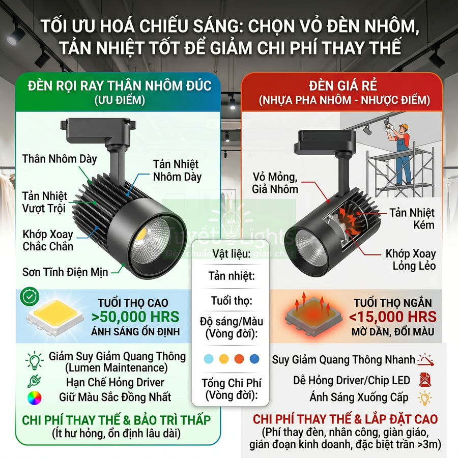 So sánh đèn rọi ray thân nhôm đúc tản nhiệt tốt với đèn giá rẻ vỏ nhựa pha nhôm tuổi thọ thấp
