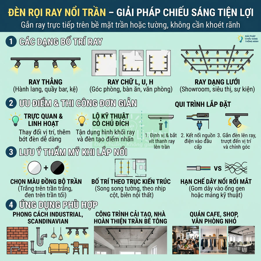 Infographic giới thiệu đèn rọi ray nổi trần, các dạng bố trí ray, ưu điểm, quy trình lắp đặt và ứng dụng chiếu sáng nội thất
