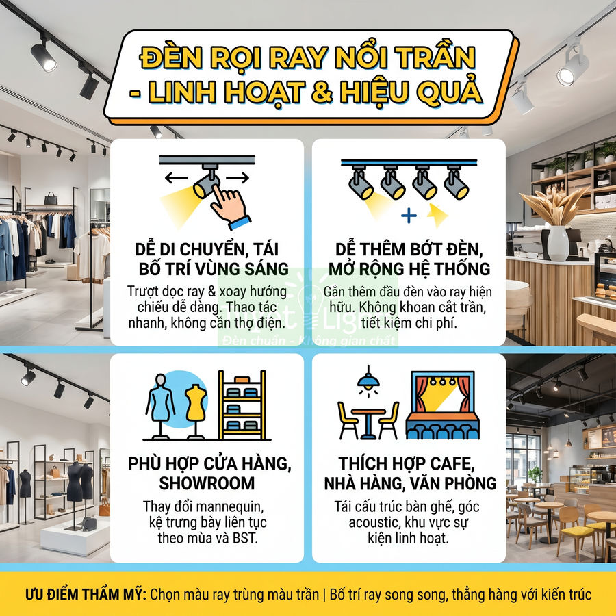 Đèn rọi ray nổi trần chiếu sáng cửa hàng, showroom, quán cafe, nhà hàng và văn phòng linh hoạt, dễ lắp đặt