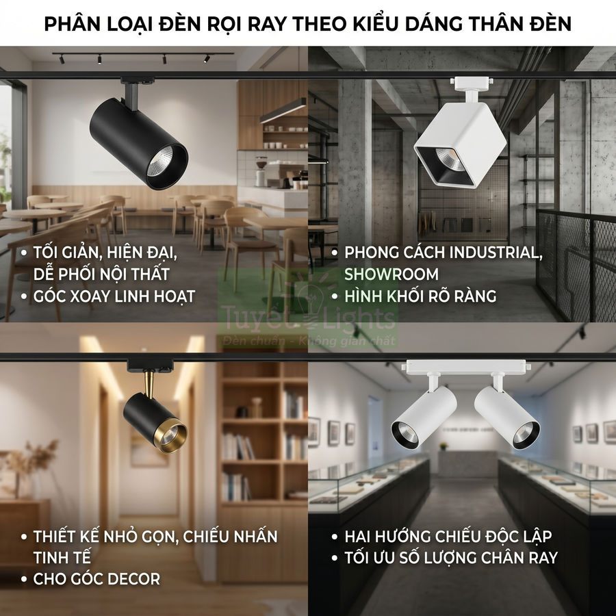 Các mẫu đèn rọi ray tròn và vuông màu đen trắng, thiết kế hiện đại cho quán cà phê, showroom, không gian decor