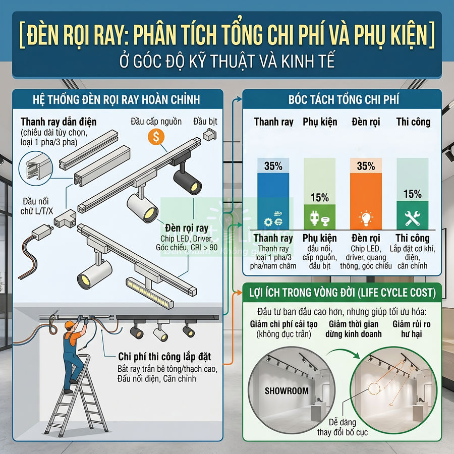 Infographic phân tích chi phí và phụ kiện hệ thống đèn rọi ray LED cho showroom và lắp đặt trần nhà