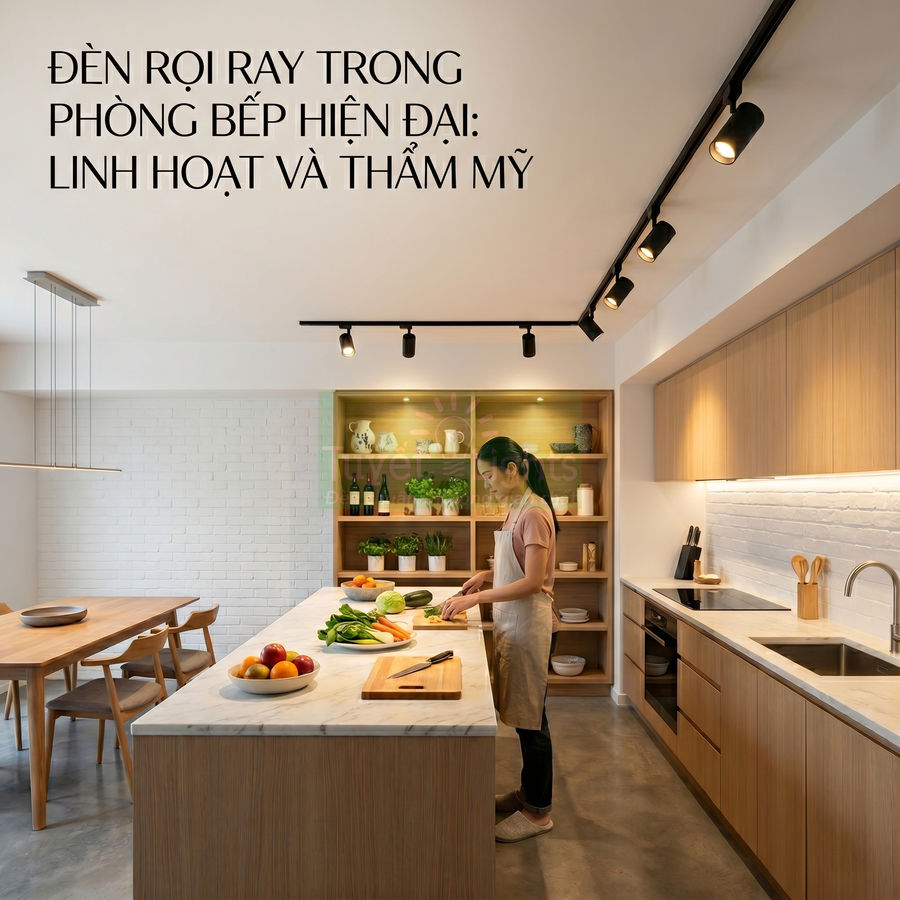 Đèn rọi ray trần chiếu sáng phòng bếp hiện đại với đảo bếp gỗ và người phụ nữ đang chuẩn bị rau củ