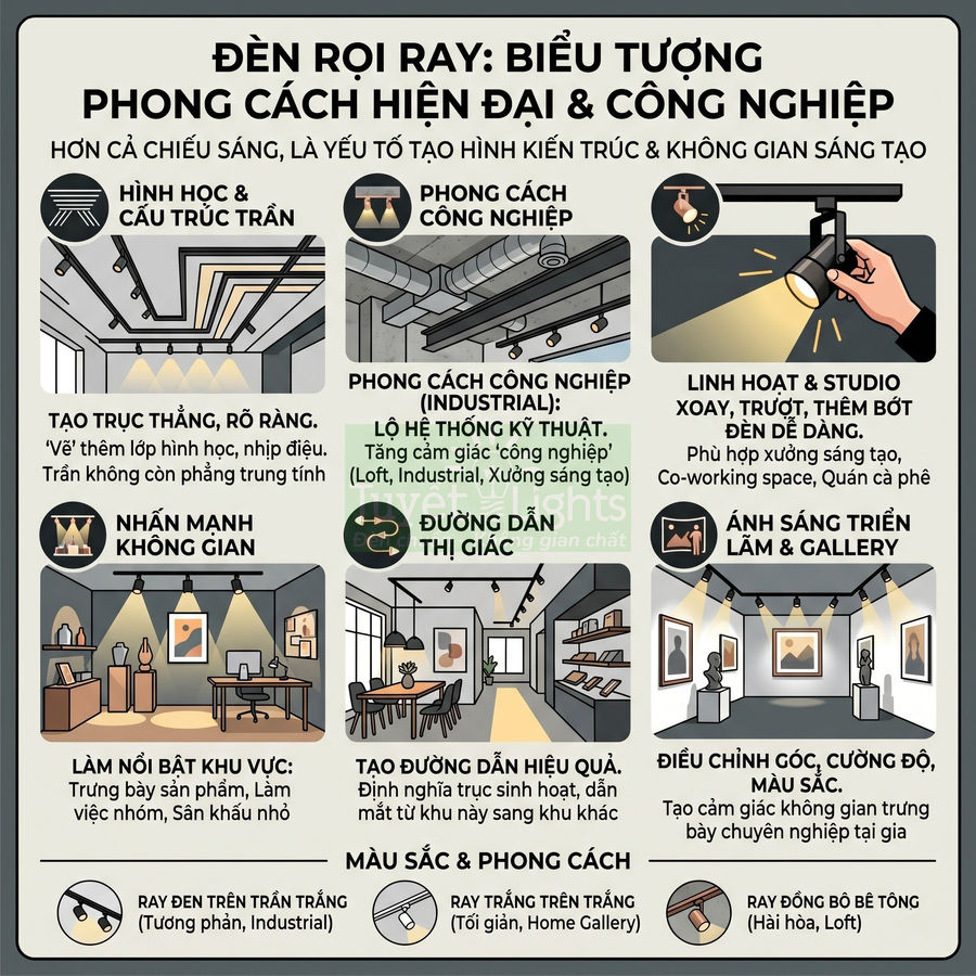Đèn rọi ray trần hiện đại phong cách công nghiệp cho không gian làm việc và trưng bày sản phẩm
