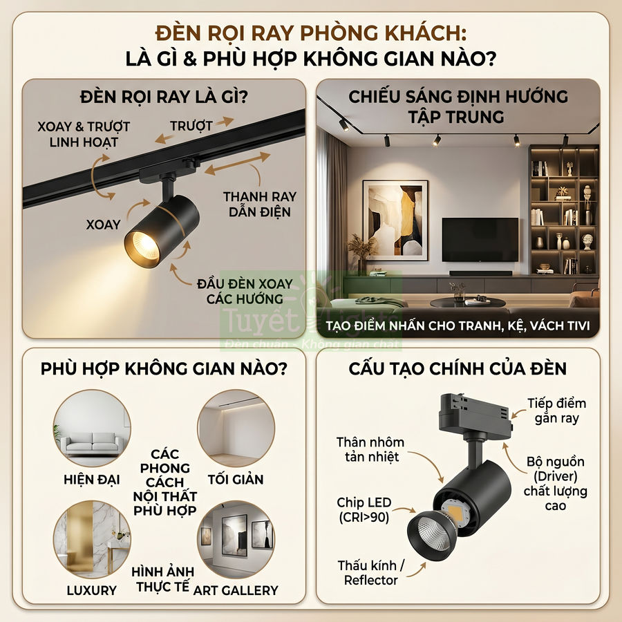 Đèn rọi ray LED màu đen cho phòng khách hiện đại, chiếu sáng tranh treo tường và kệ tivi