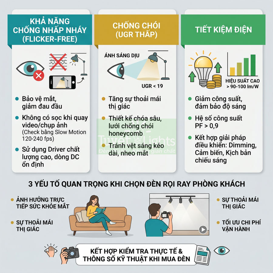 Infographic hướng dẫn chọn đèn rọi ray phòng khách chống nhấp nháy, chống chói và tiết kiệm điện