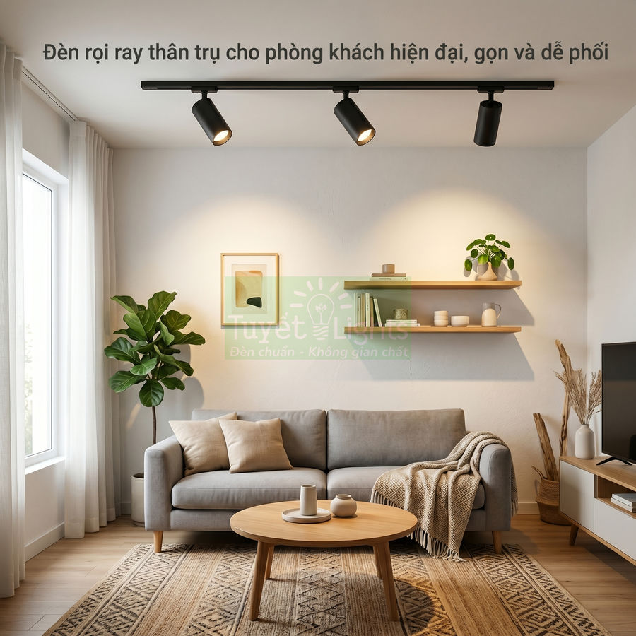 Đèn rọi ray thân trụ màu đen chiếu sáng phòng khách hiện đại với sofa xám và nội thất gỗ