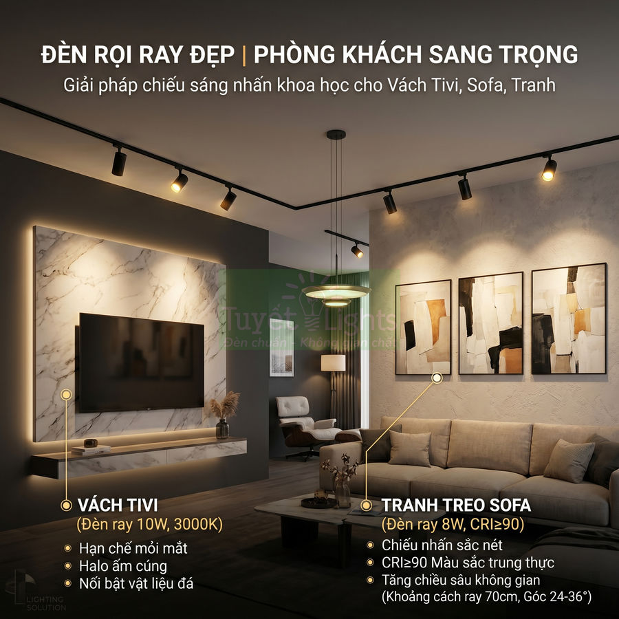 Đèn rọi ray chiếu sáng phòng khách hiện đại với vách tivi đá và tranh treo trên sofa