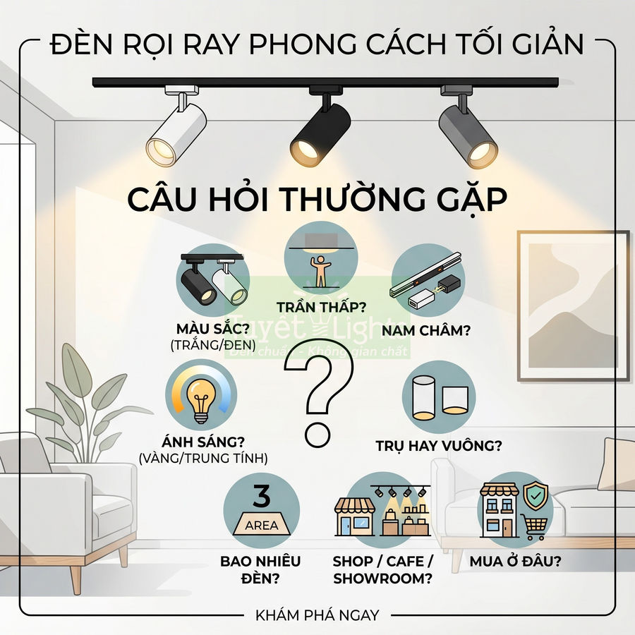 Đèn rọi ray trần nhà phong cách tối giản chiếu sáng phòng khách hiện đại