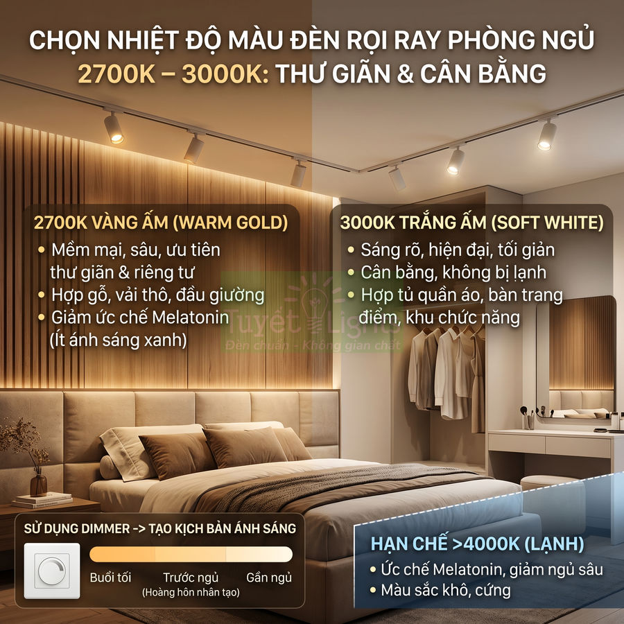Đèn rọi ray phòng ngủ 2700K 3000K chiếu sáng giường ngủ và tủ quần áo tạo không gian thư giãn cân bằng