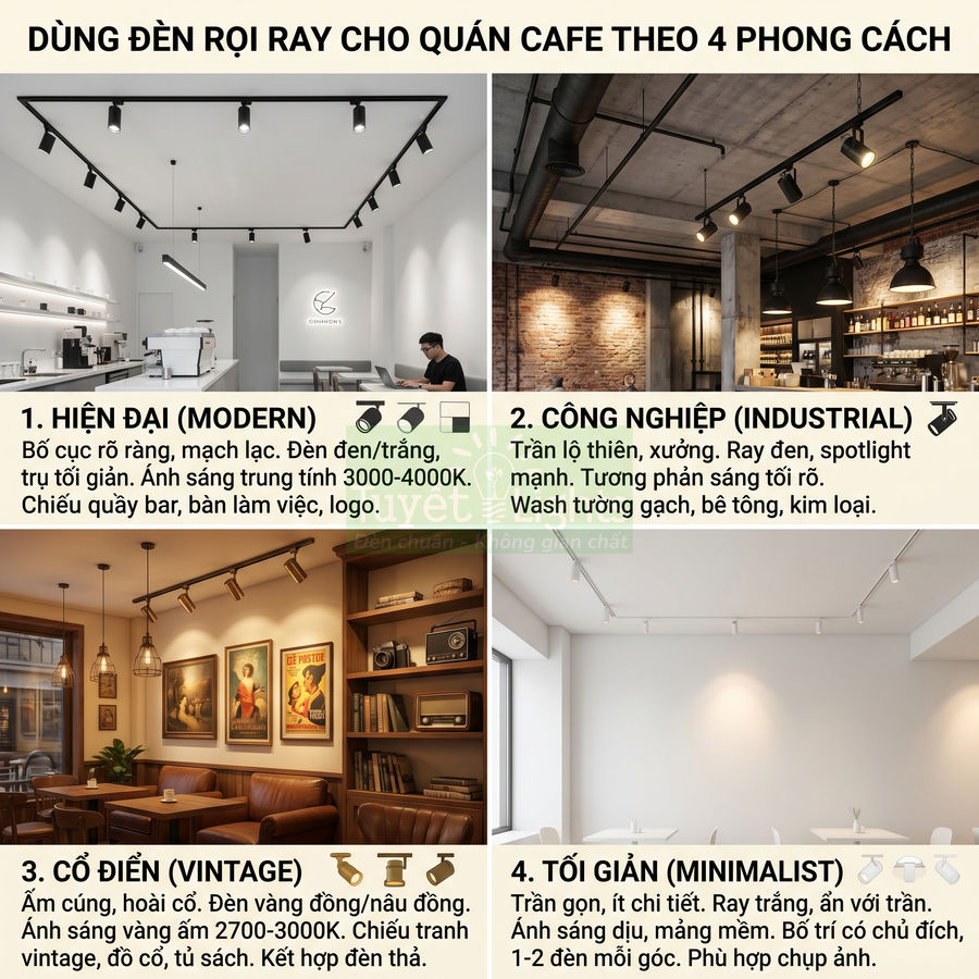 Đèn rọi ray cho quán cafe với 4 phong cách hiện đại, công nghiệp, cổ điển và tối giản