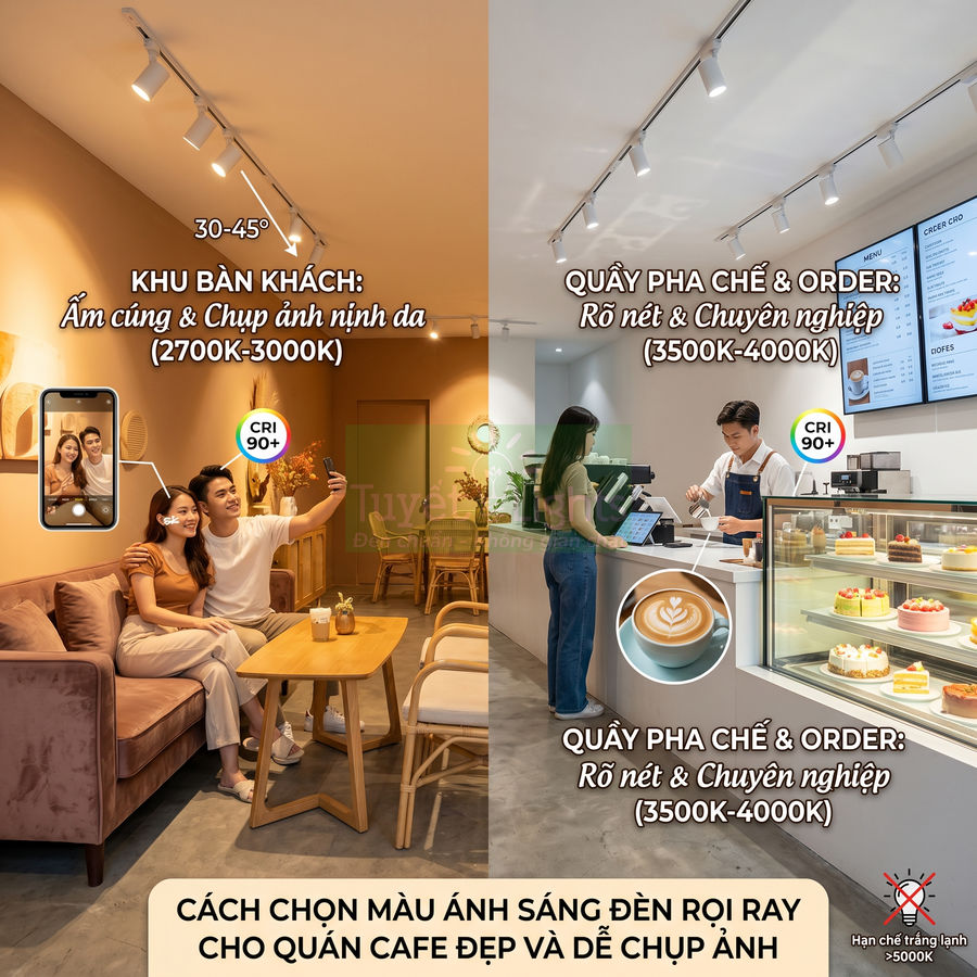 Đèn rọi ray chiếu sáng quán cafe, tạo không gian ấm cúng ở khu bàn khách và rõ nét chuyên nghiệp tại quầy pha chế