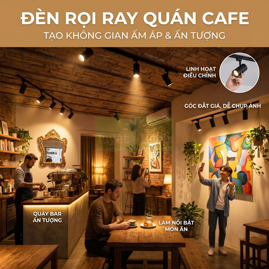 Đèn rọi ray trang trí quán cafe tạo không gian ấm áp, chiếu sáng quầy bar và bàn ăn