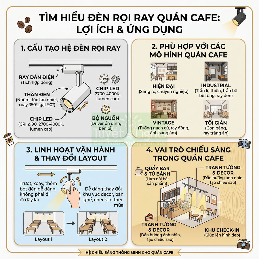 Infographic giới thiệu cấu tạo, lợi ích và ứng dụng đèn rọi ray LED cho quán cafe nhiều phong cách decor
