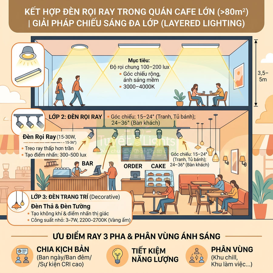 Infographic hướng dẫn bố trí đèn rọi ray và đèn trang trí cho quán cafe lớn nhiều khu vực