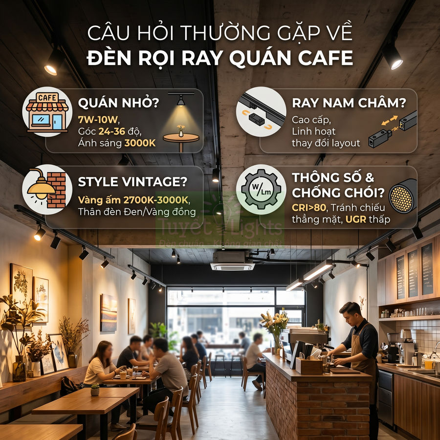 Đèn rọi ray LED cho quán cafe phong cách vintage, ánh sáng vàng ấm chiếu bàn và quầy bar