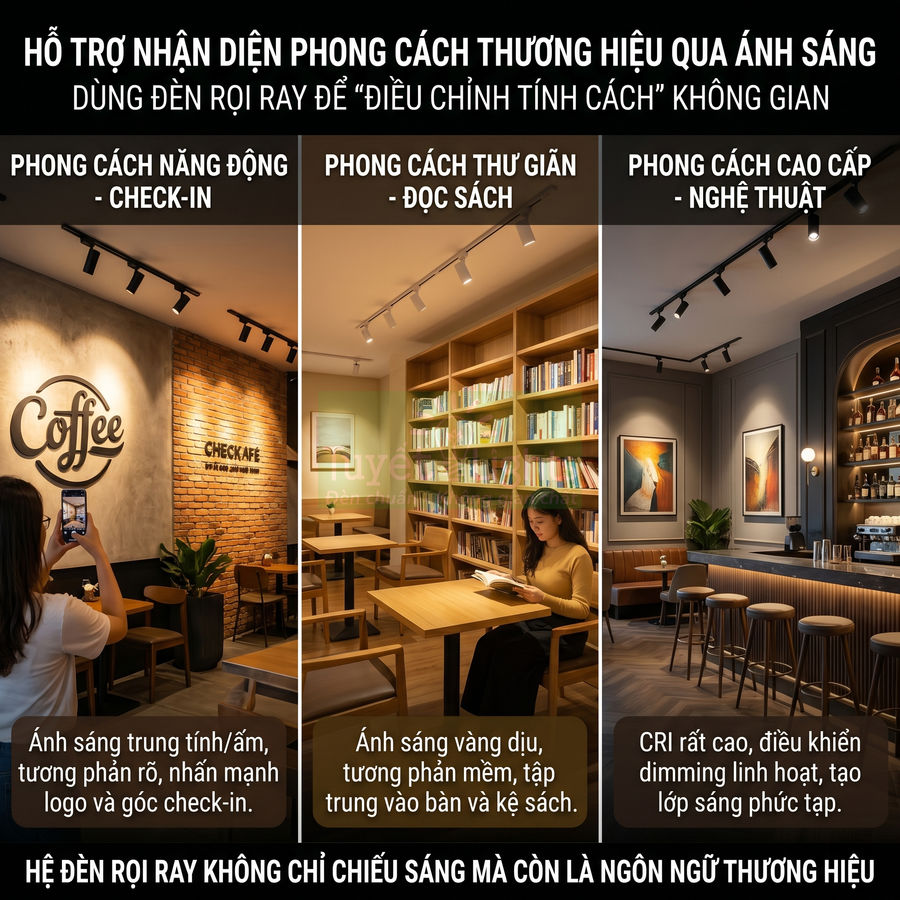 Đèn rọi ray chiếu sáng quán cà phê với ba phong cách không gian: check in, đọc sách và quầy bar cao cấp