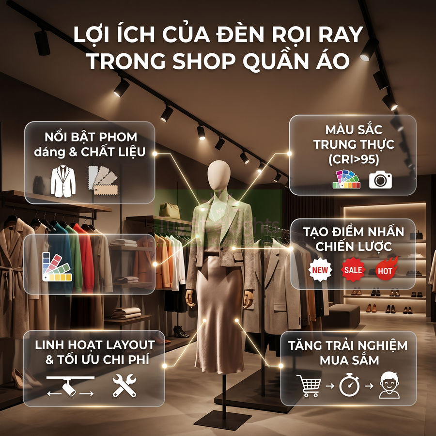 Đèn rọi ray chiếu sáng mannequin và quần áo trong shop thời trang, làm nổi bật màu sắc và chất liệu sản phẩm