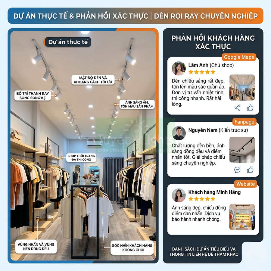 Đèn rọi ray chiếu sáng shop thời trang, ánh sáng ấm làm nổi bật quần áo trưng bày và không gian cửa hàng