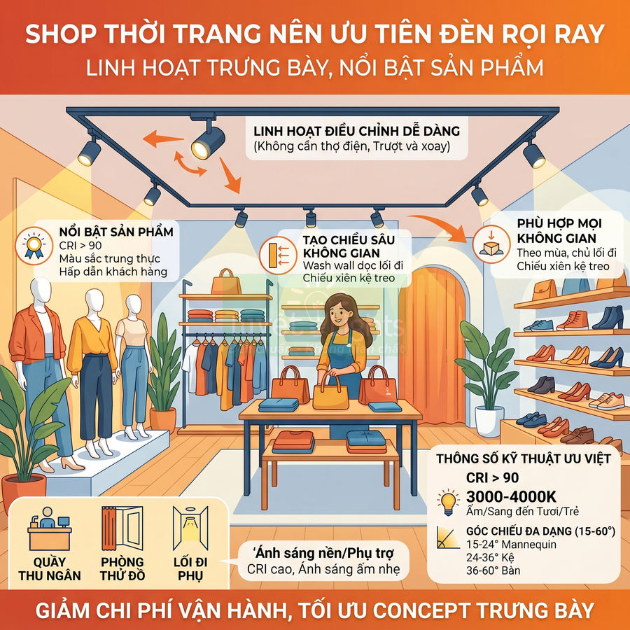 Đèn rọi ray chiếu sáng shop thời trang, làm nổi bật quần áo, giày dép và túi xách trưng bày trên kệ