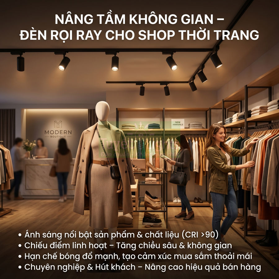 Đèn rọi ray cho shop quần áo: Cách bố trí giúp sản phẩm nổi bật
