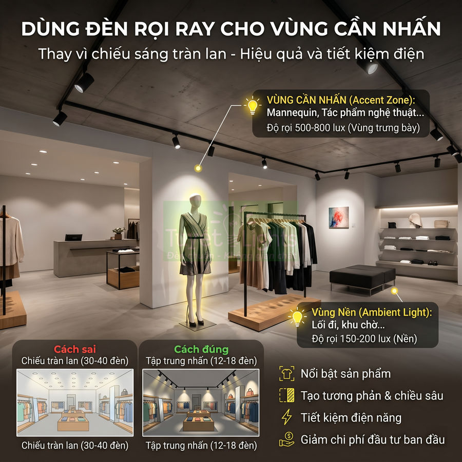 Đèn rọi ray chiếu sáng cửa hàng thời trang, tập trung làm nổi bật mannequin và quần áo trưng bày