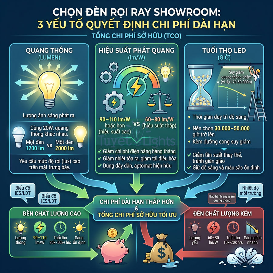 Infographic hướng dẫn chọn đèn rọi ray showroom tiết kiệm chi phí dài hạn với các tiêu chí quang thông, hiệu suất và tuổi thọ LED