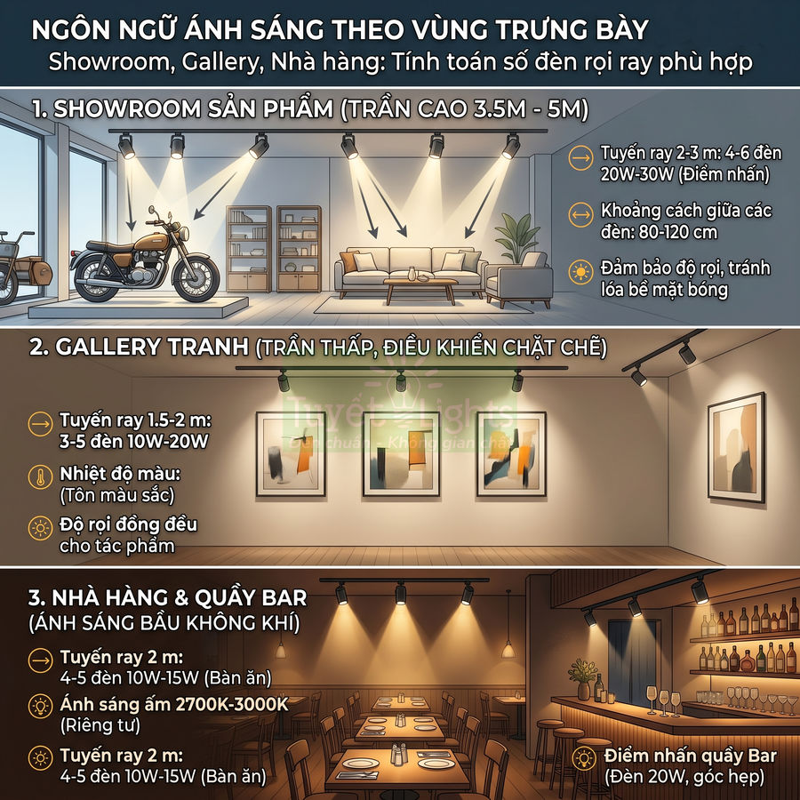 Infographic hướng dẫn bố trí đèn rọi ray cho showroom sản phẩm, gallery tranh và nhà hàng quầy bar