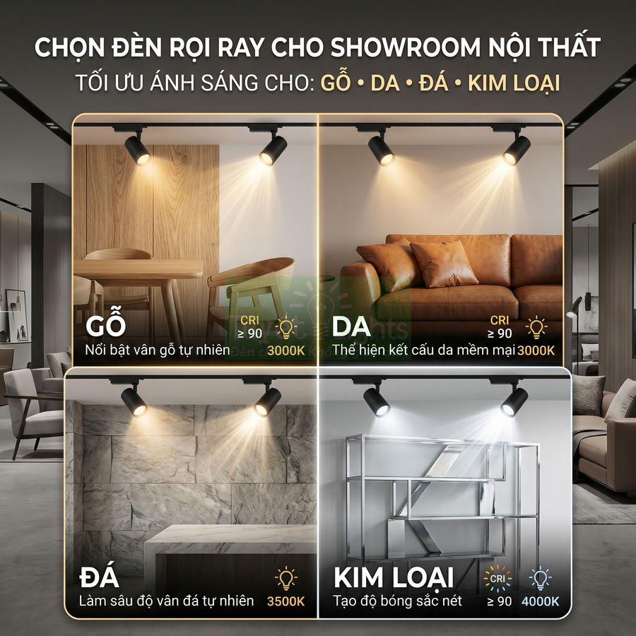 Đèn rọi ray chiếu sáng showroom nội thất, tối ưu cho bề mặt gỗ, da, đá và kim loại