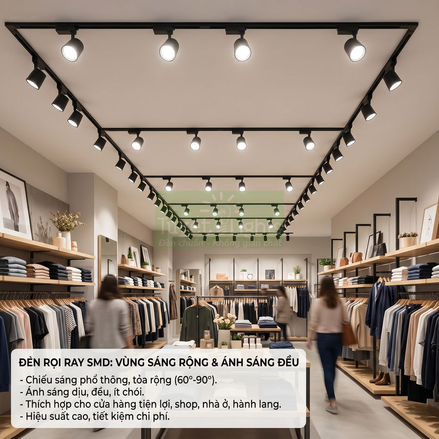 Đèn rọi ray SMD chiếu sáng trần cửa hàng quần áo, ánh sáng rộng và đều, phù hợp shop thời trang