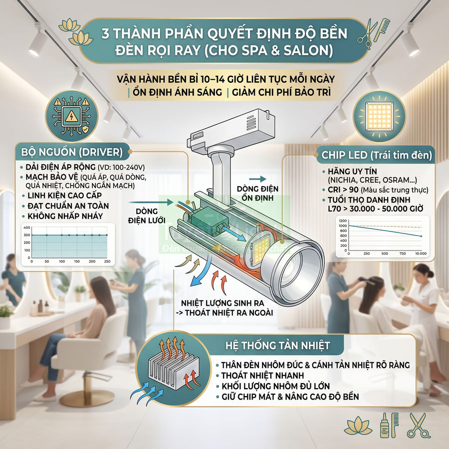 Cấu tạo đèn rọi ray LED cho spa salon với bộ nguồn, chip LED và hệ thống tản nhiệt tối ưu độ bền