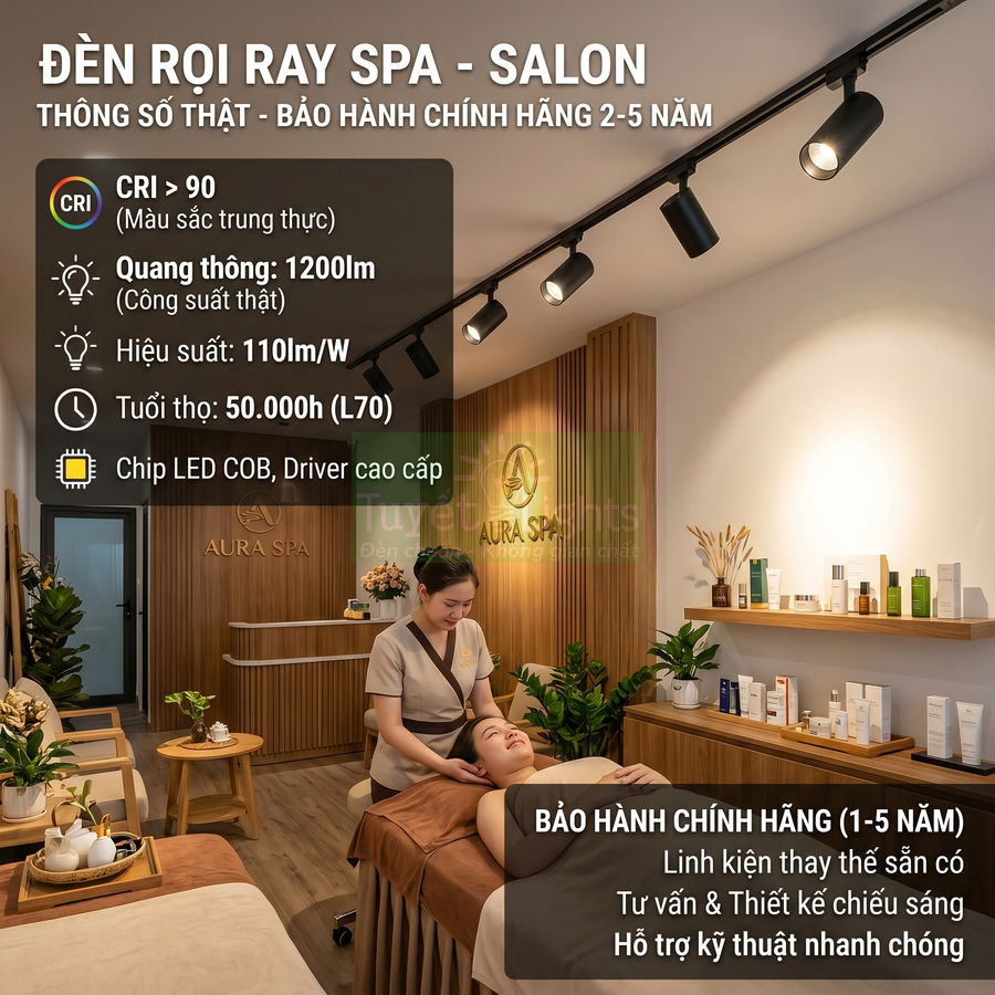 Đèn rọi ray LED cho spa salon chiếu sáng giường massage trong không gian Aura Spa hiện đại