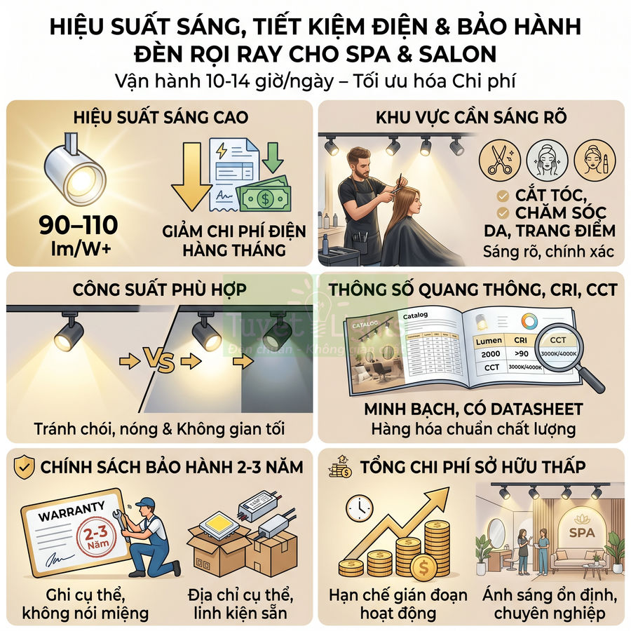 Infographic đèn rọi ray cho spa salon, hiệu suất sáng cao, tiết kiệm điện, bảo hành 2-3 năm, ánh sáng đẹp chuyên nghiệp
