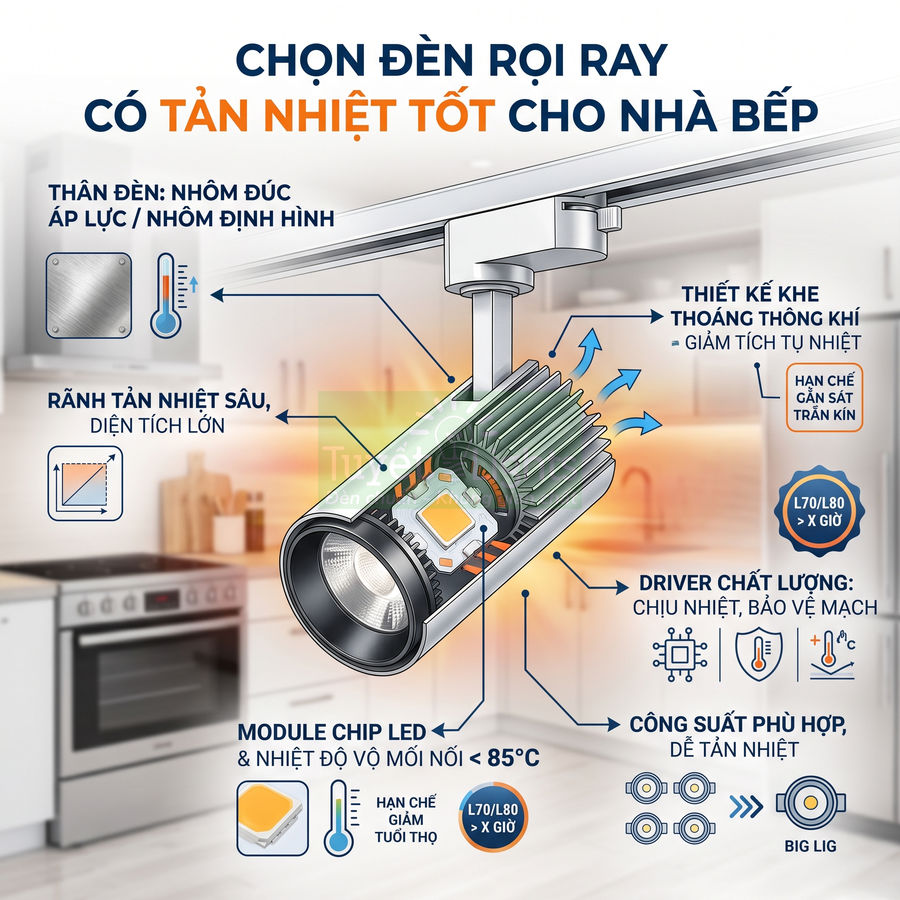 Đèn rọi ray LED tản nhiệt tốt cho nhà bếp với thân nhôm đúc, rãnh tản nhiệt sâu và chip LED bền