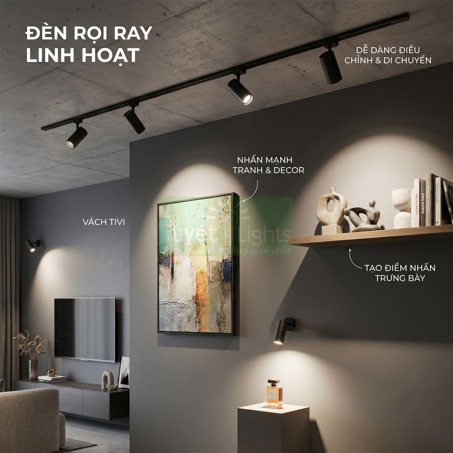Đèn rọi ray trần chiếu sáng tranh treo tường và kệ trang trí trong phòng khách hiện đại
