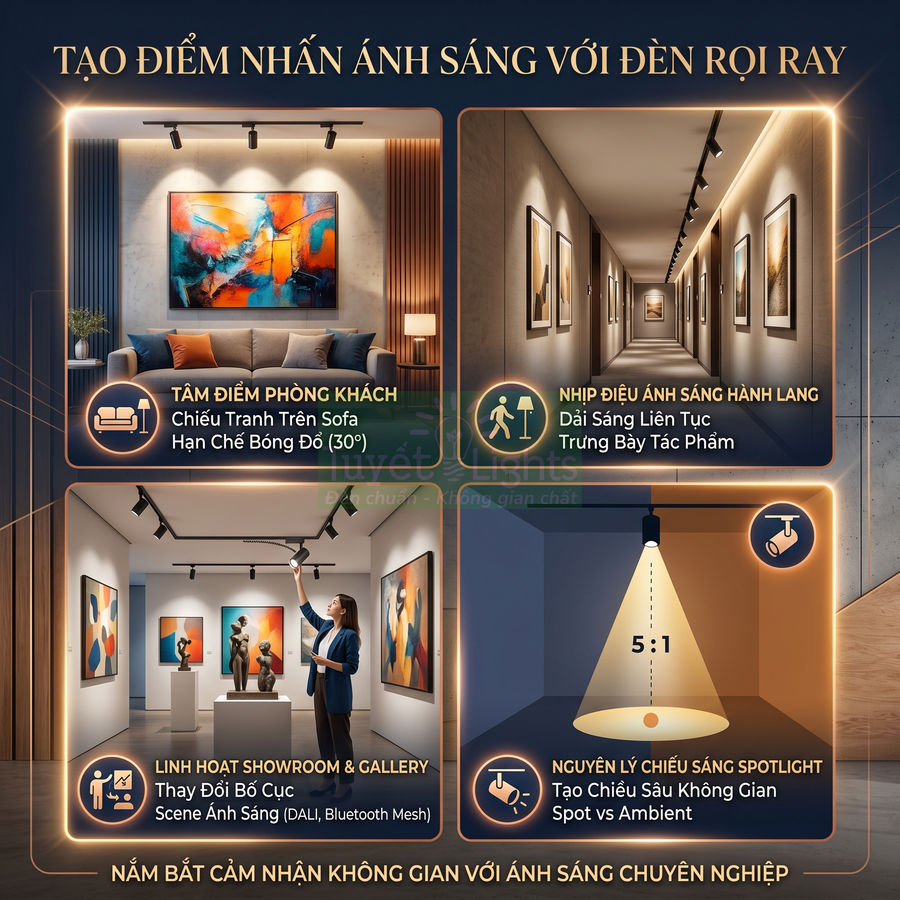 Ứng dụng đèn rọi ray chiếu tranh và tác phẩm nghệ thuật cho phòng khách, hành lang, showroom hiện đại