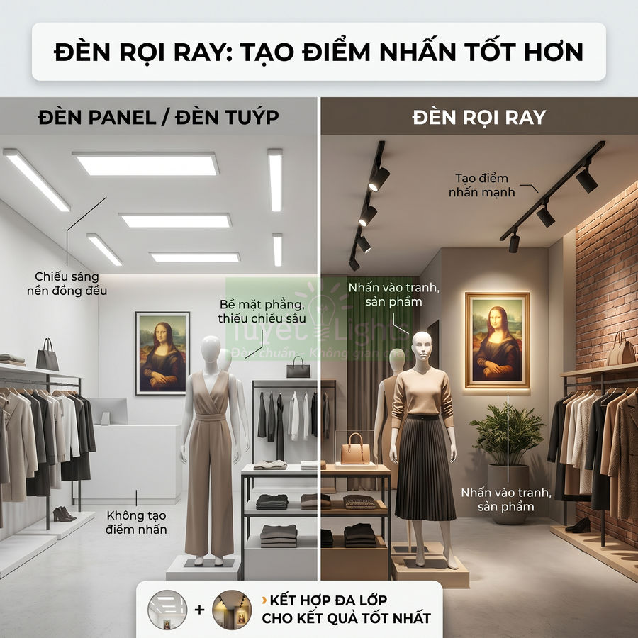 So sánh đèn panel và đèn rọi ray trong cửa hàng thời trang, nhấn mạnh khả năng tạo điểm nhấn sản phẩm