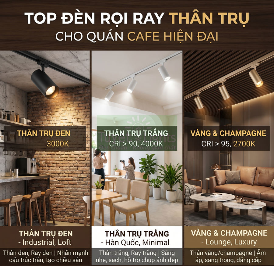Đèn rọi ray thân trụ đen, trắng, vàng champagne chiếu sáng quán cafe hiện đại, không gian ấm áp sang trọng