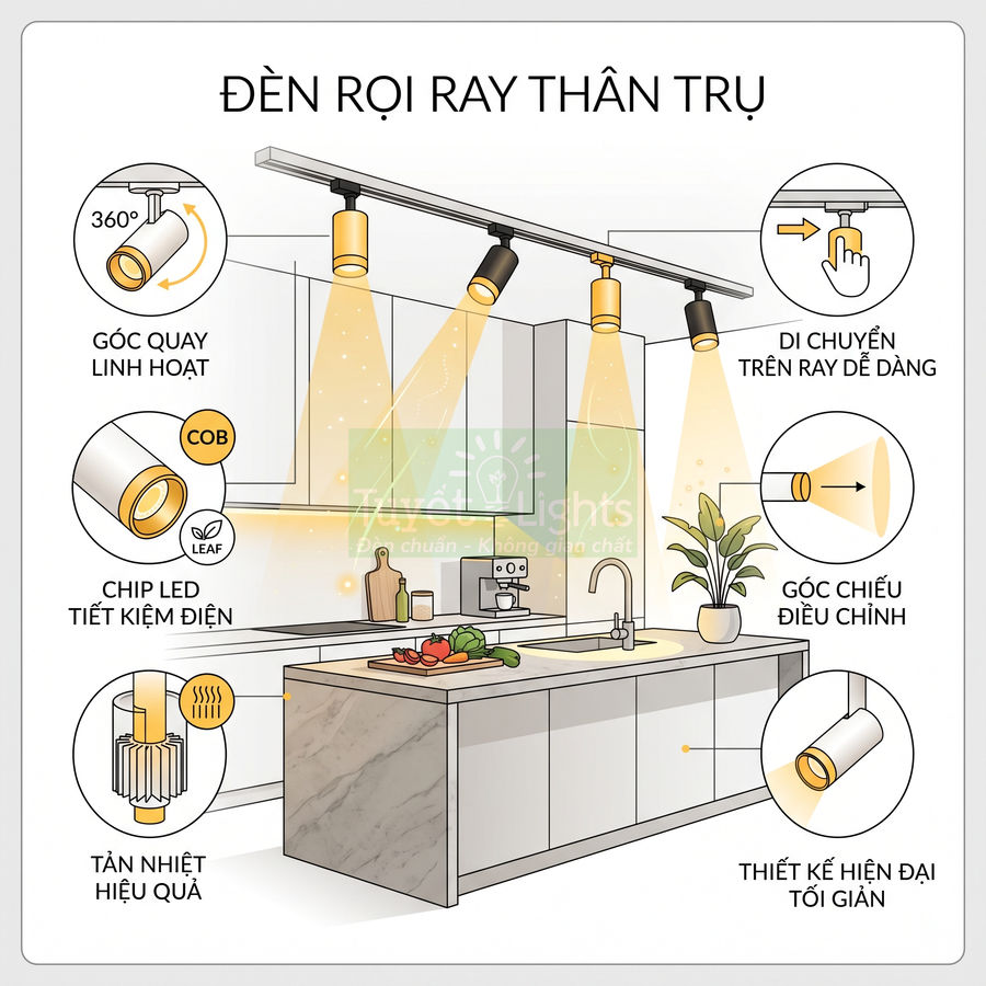 Đèn rọi ray thân trụ LED chiếu sáng linh hoạt cho không gian bếp hiện đại