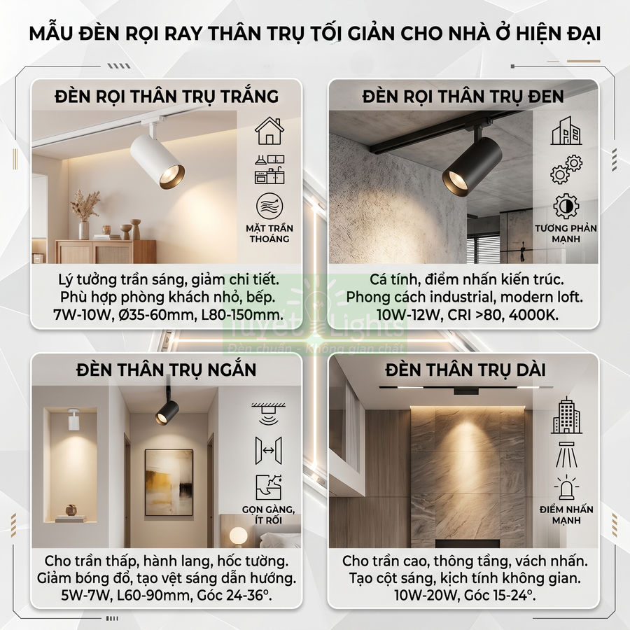 Mẫu đèn rọi ray thân trụ trắng đen ngắn dài lắp trần cho nhà ở hiện đại, chiếu sáng trang trí phòng khách hành lang
