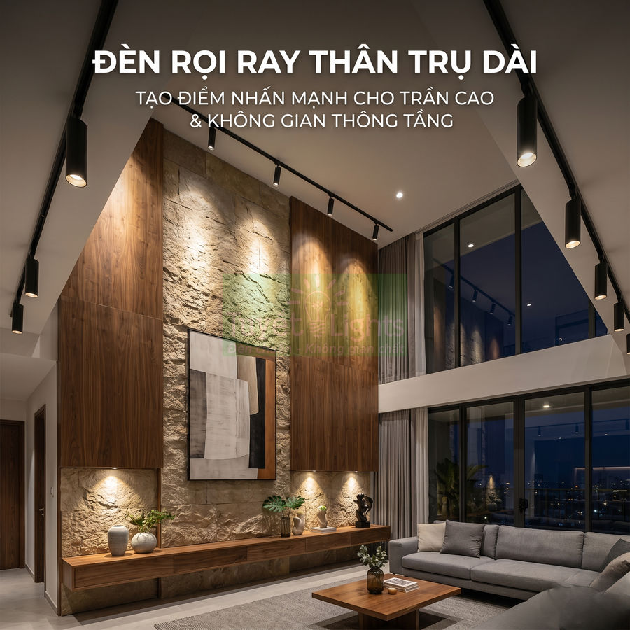 Đèn rọi ray thân trụ dài chiếu sáng phòng khách trần cao hiện đại với tường gỗ đá và sofa xám